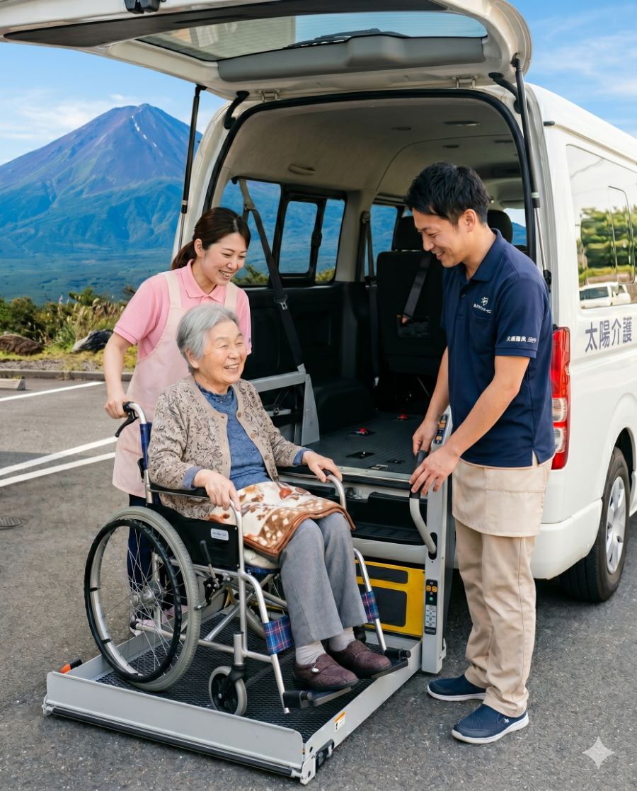 リフト付き福祉車両で車椅子の利用者さんを移送するスタッフ