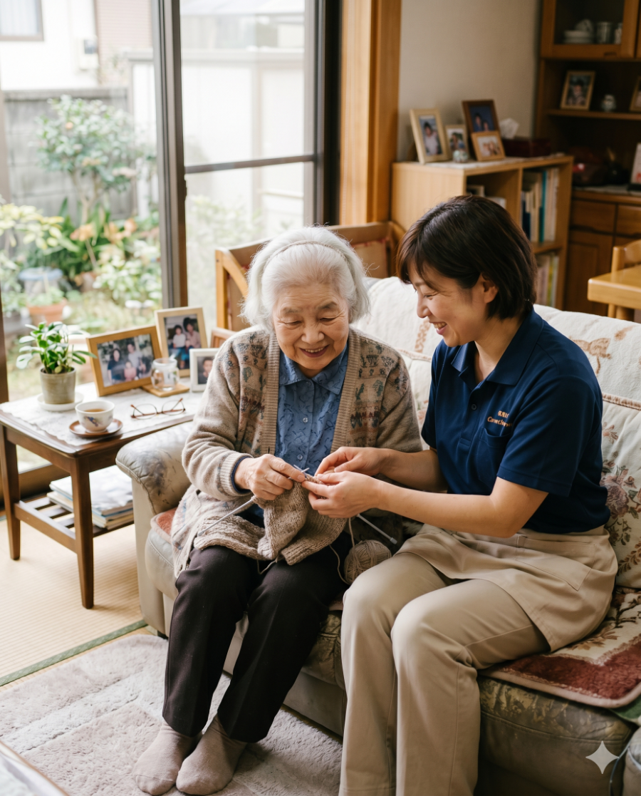 訪問介護スタッフがご自宅で利用者さんの趣味に寄り添い笑顔で過ごす様子
